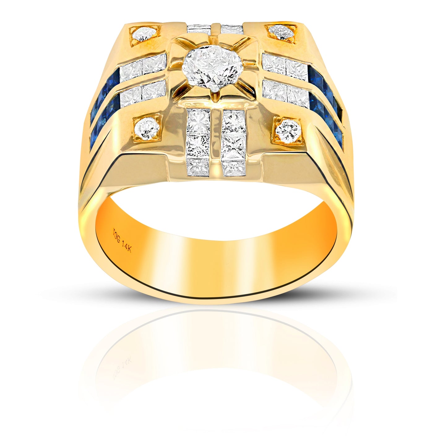 Trendsetting Blue Sapphire and Diamond Princess-cut with Pave full cut Diamond accents Men's Ring 14 Karat Yellow Gold