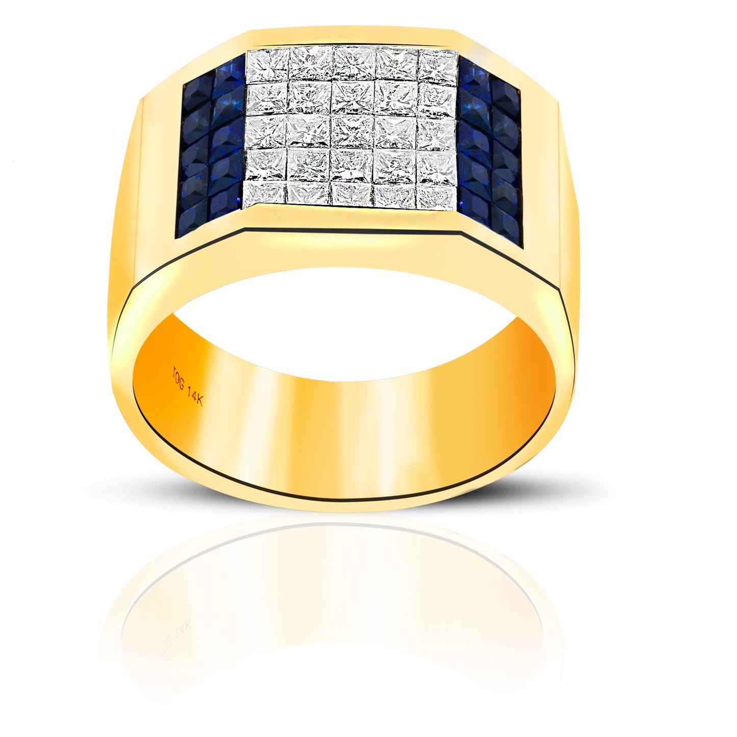 Stunning London Blue Sapphire and Diamond Invisible Princess- cut Men's Ring 14 Karat Yellow Gold