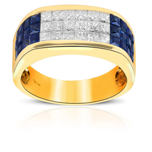 Radiant Blue Sapphire and Diamond Invisible Princess-cut Men's Ring 14 Karat Yellow Gold