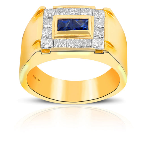 Unique Style Blue Sapphire and Diamond Invisible Princess-cut Men's Ring 14 Karat Yellow Gold