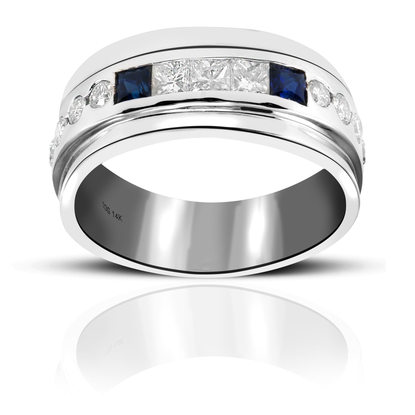 Blue Sapphire and Diamond Invisible Princess-cut Men's Wedding Band with Round full cut Diamond accents 14 Karat White Gold