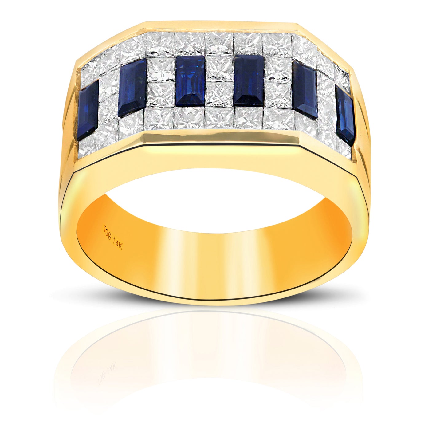 Timeless Classic Blue Sapphire and Diamond Baguette and Invisible Princess-cut Men's Ring 14 Karat Yellow Gold