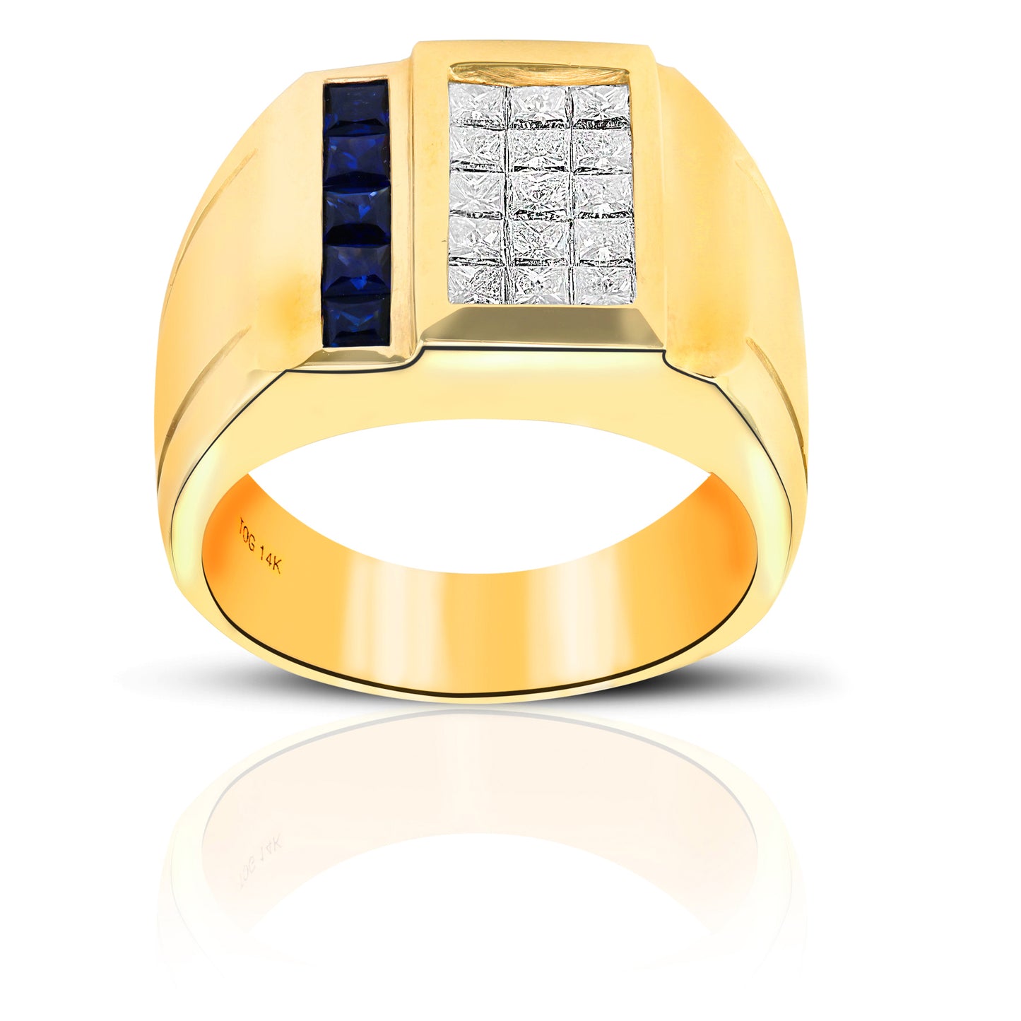 Brilliant Blue Sapphire and Diamond Invisible Princess-cut Men's Ring 14 Karat Yellow Gold