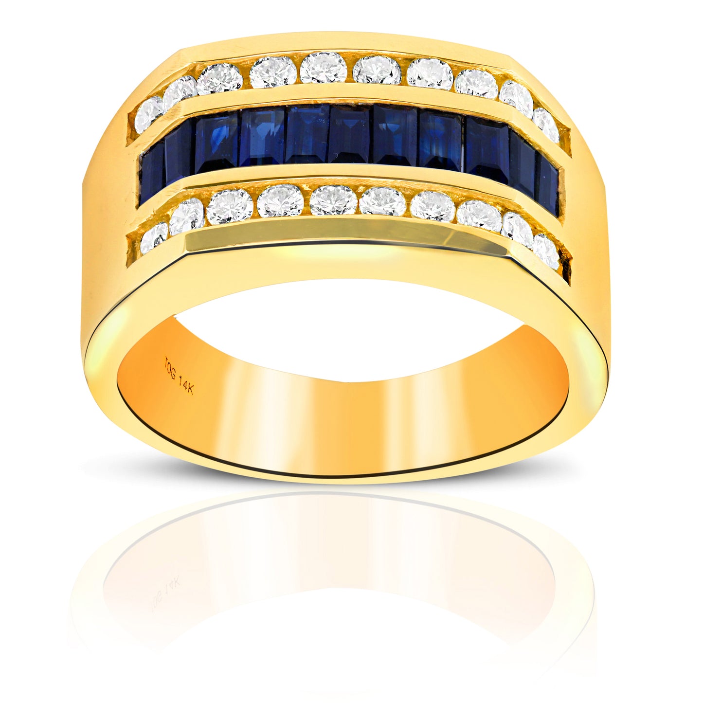 Classic Blue Sapphire and Diamond Baguette and Channel-set Men's Ring 14 Karat Yellow Gold