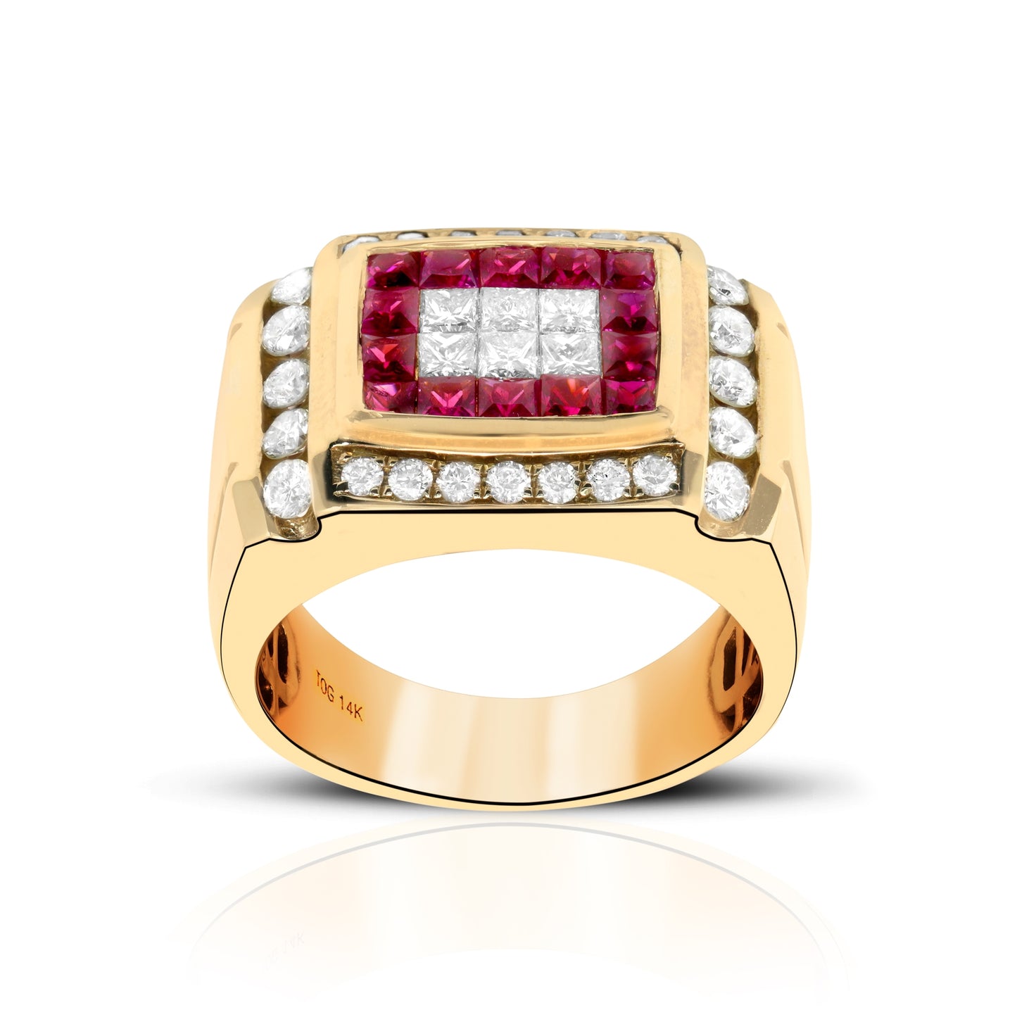 spectacular men's ruby and diamond ring set in 14 kt gold