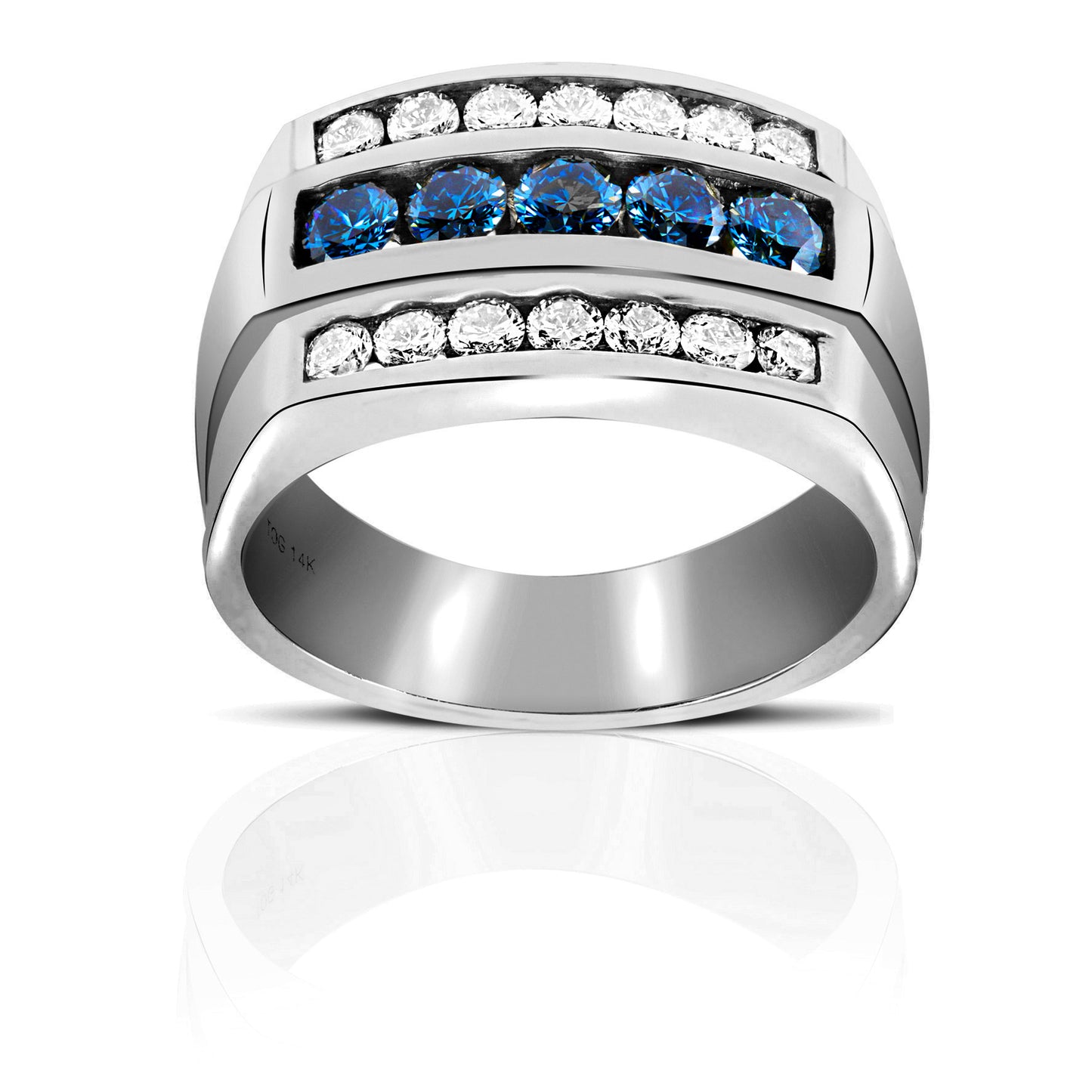 Sophisticated triple channel-set Full cut Blue and White Diamond Men's Ring 14 Karat White Gold