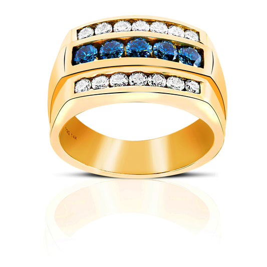 Triple stone channel-set Round Full cut Blue and White Diamond Men's Ring 14 Karat Yellow Gold