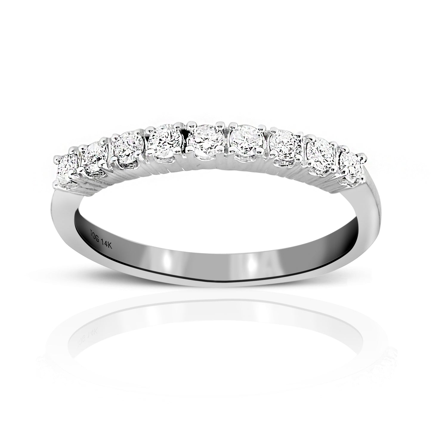 Woman's Nine Stone Shared Prong-Set Round Full cut Diamond Wedding Ring 14 Karat White Gold