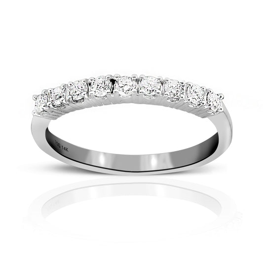 Woman's Nine Stone Shared Prong-Set Round Full cut Diamond Wedding Ring 14 Karat White Gold