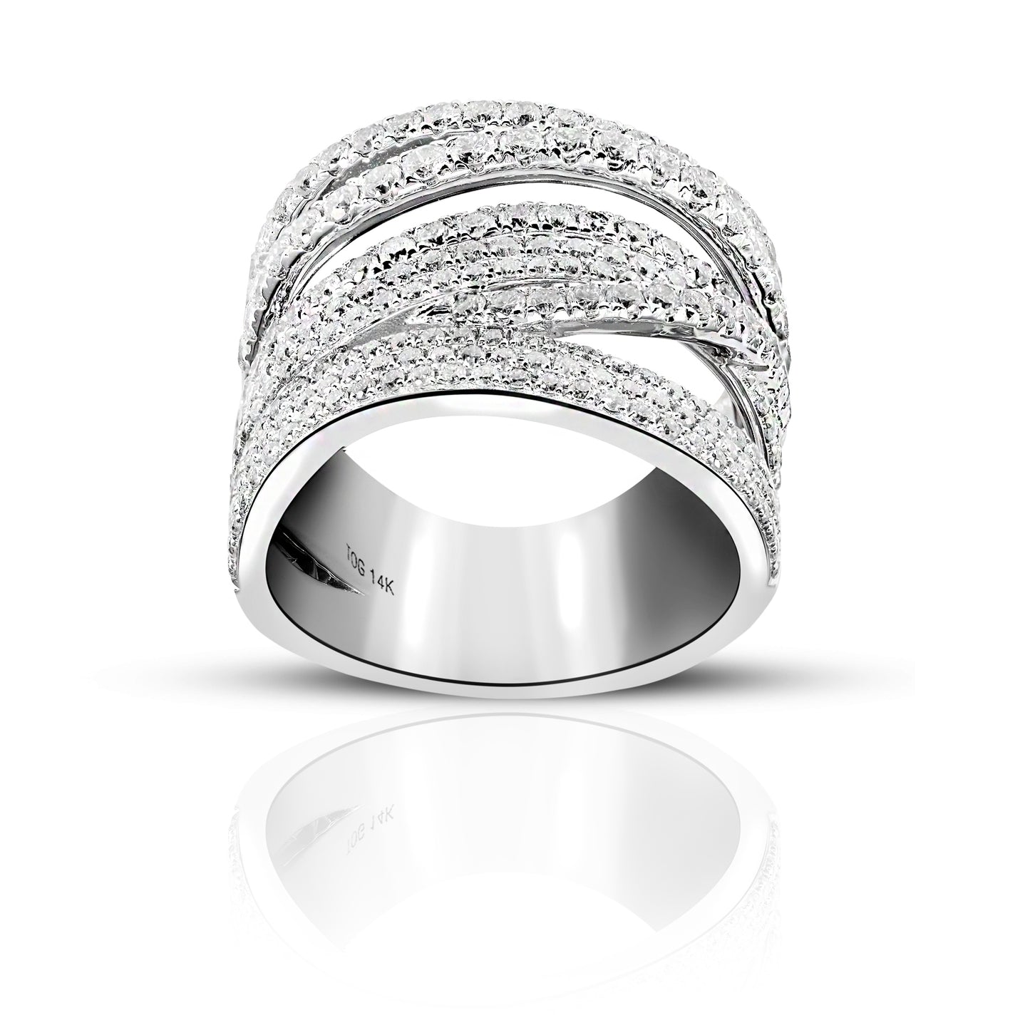 Luxurious 14 Karat White gold Cross over Cocktail Pave Style Ring with Full cut Diamonds