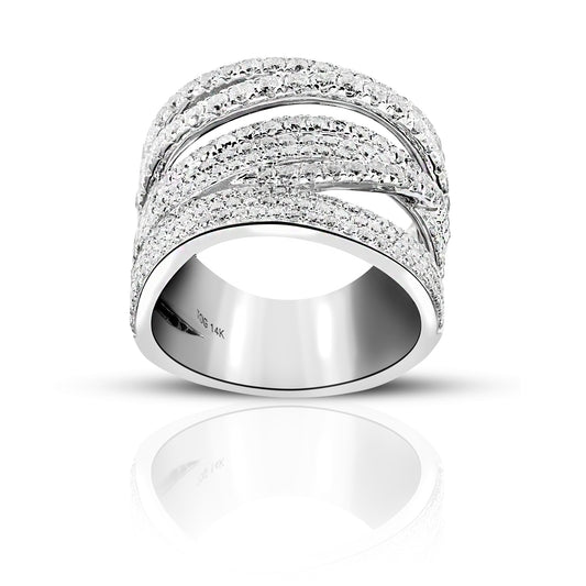 Luxurious 14 Karat White gold Cross over Cocktail Pave Style Ring with Full cut Diamonds