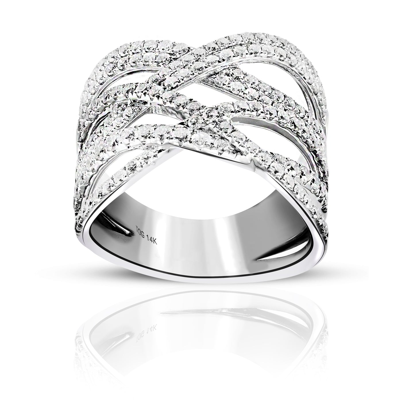 Elegant 14 Karat White gold Cross over Cocktail Pave Style Ring with Full cut Diamonds