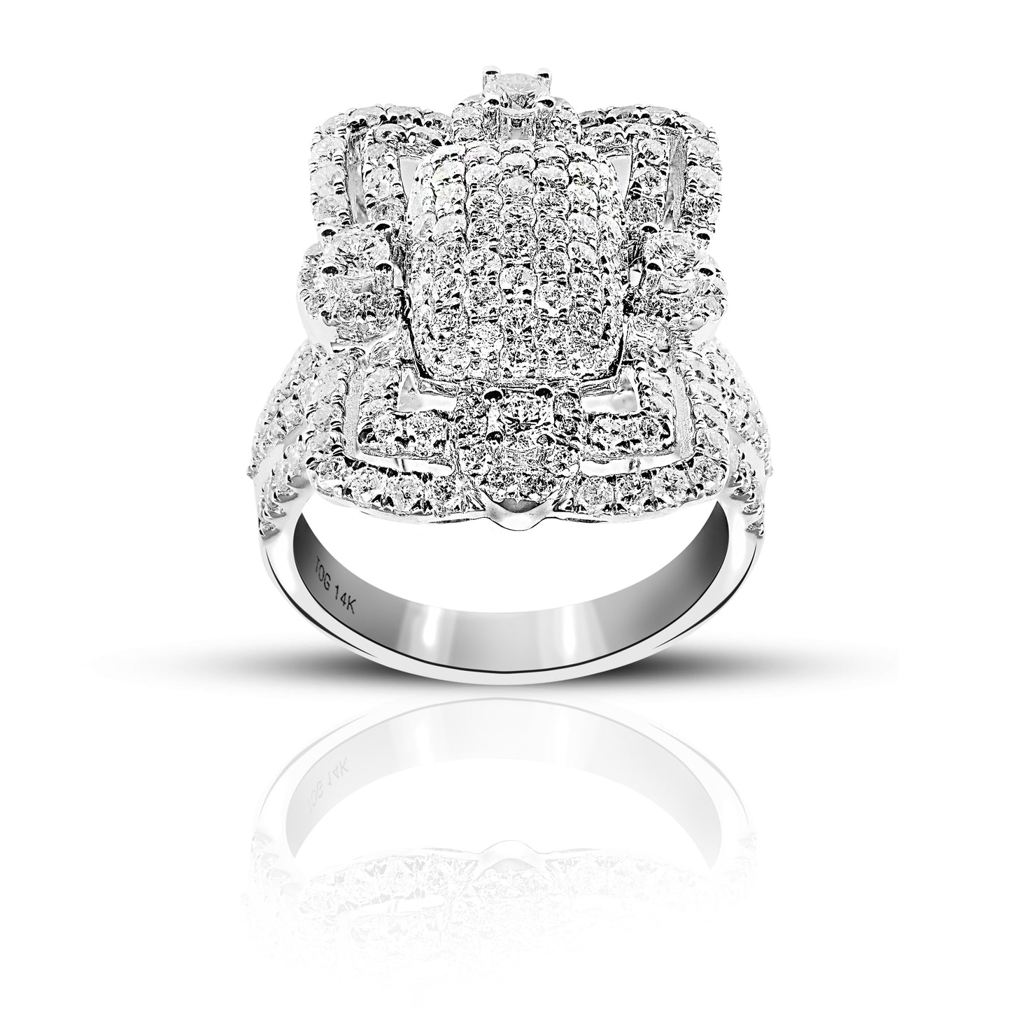 Eye-catching Pave Style Cocktail Ring with Full cut Diamonds, 14 Karat White Gold