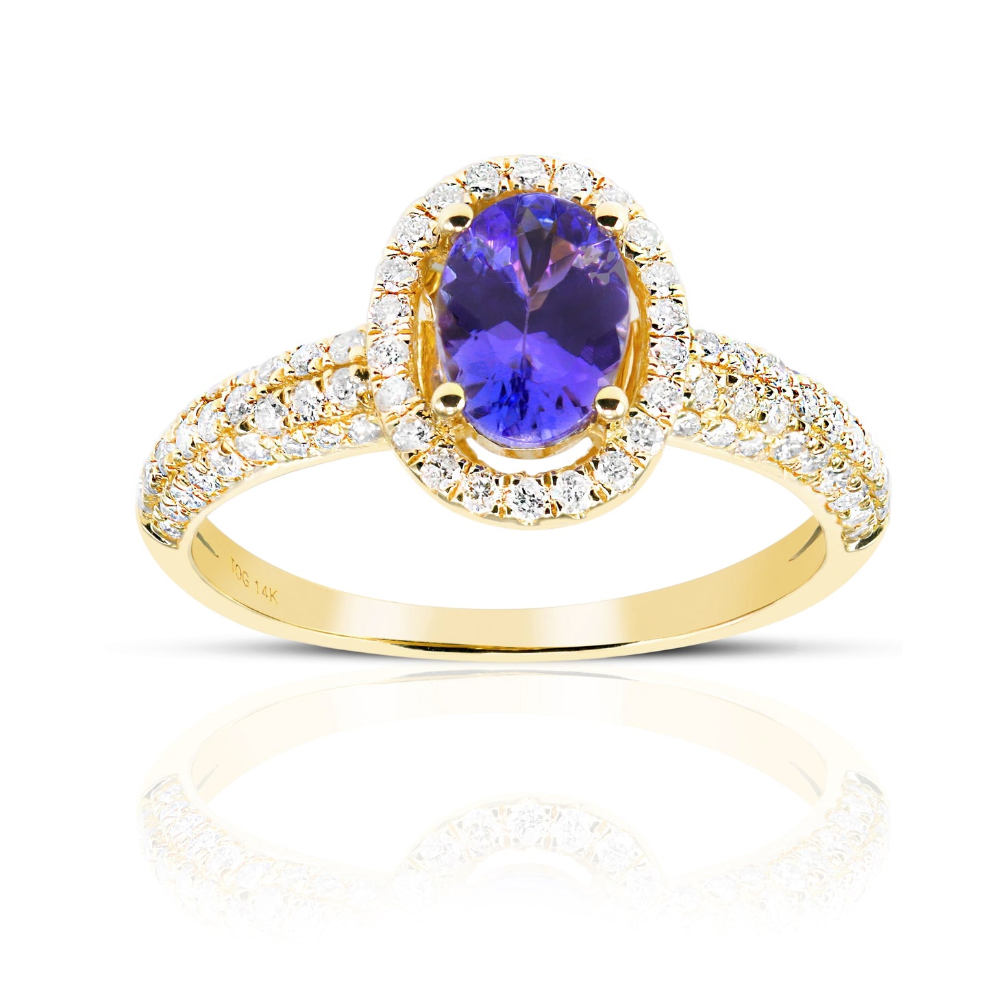 Oval Tanzanite halo and Pave' Diamond accent Ring 14 Karat Yellow Gold