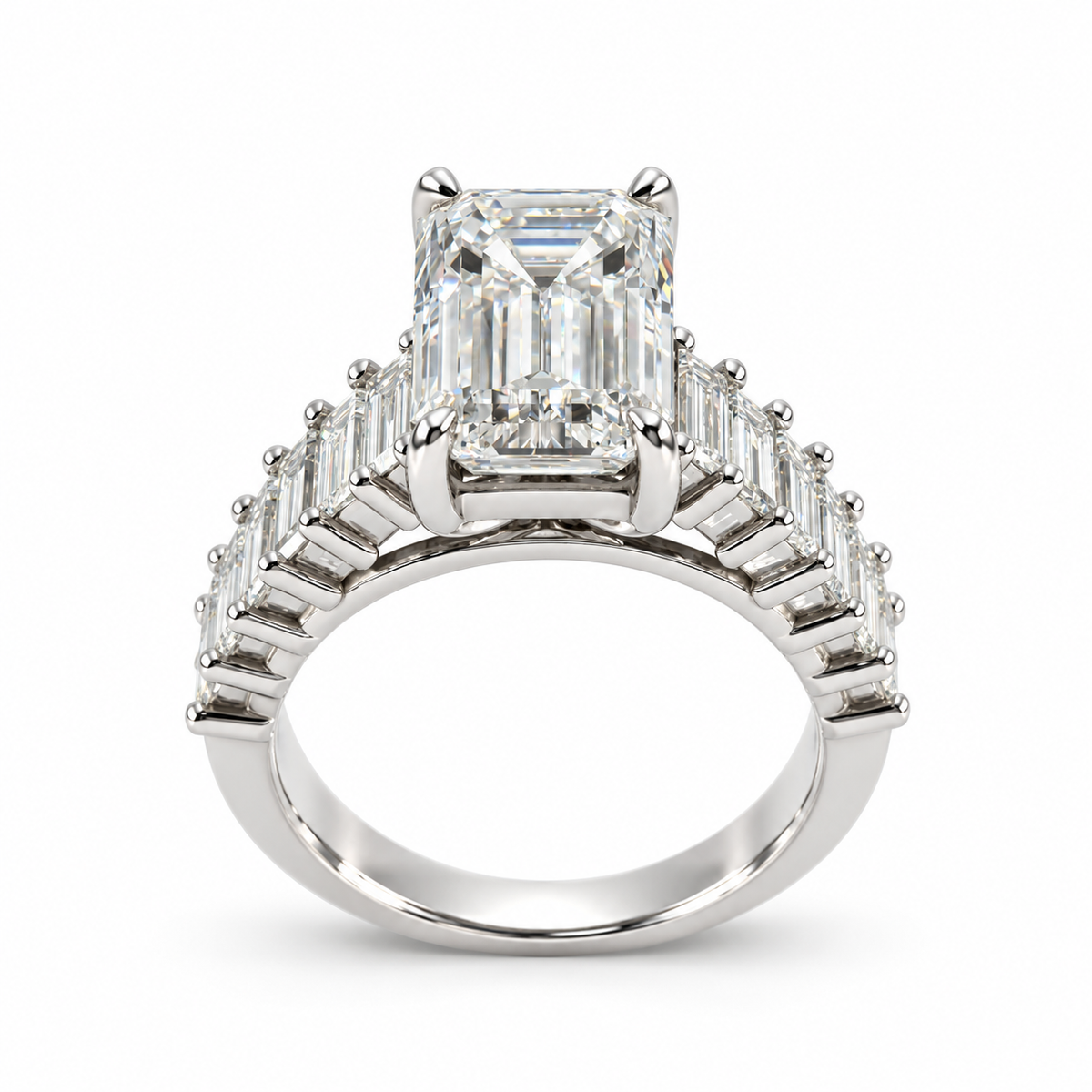 Emerald-Cut Diamond Engagement Ring with Baguette Diamond Band – 5.41 Carat Total Weight, E Color, VS1 Clarity
