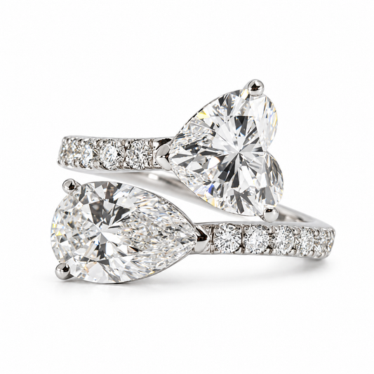 Heart & Pear Toi et Moi Diamond Ring with Pavé Band – 4.50 Carat Total Weight, E Color, VS1 Clarity