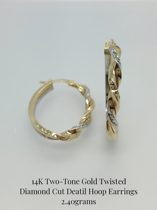 14Kt Two-Tone Twisted Diamond Cut Detail Hoop Earrings