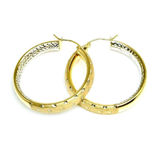 14Kt Two-Tone Gold Satin/High Polish Diamond-Cut Medium Hoop Earrings