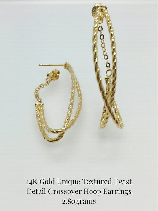 14K Yellow Gold Unique Textured Twist Detail Crossover Hoop Earrings