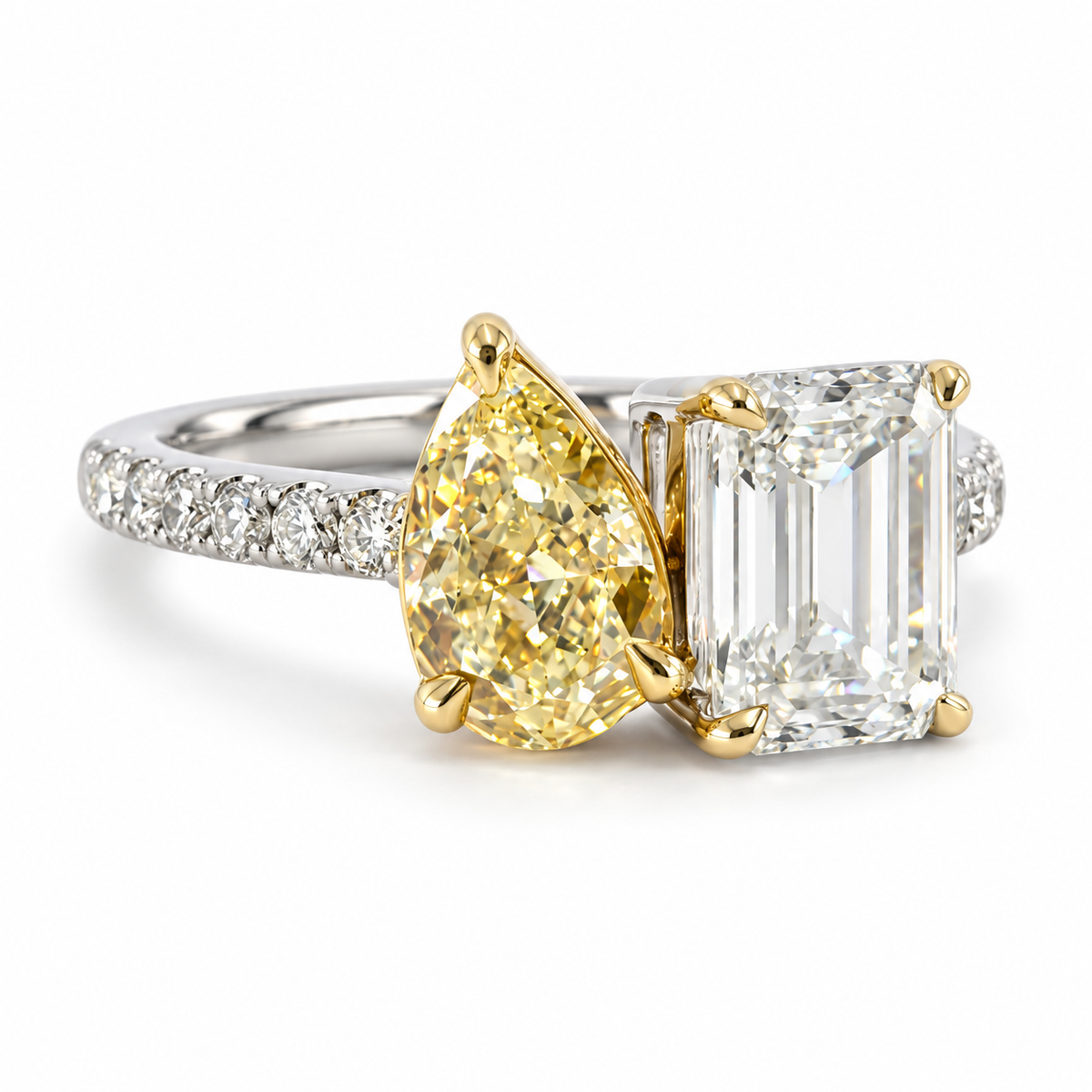 2.91 Carat Lab-Grown Emerald-Cut & Yellow Pear Diamond Toi et Moi Ring