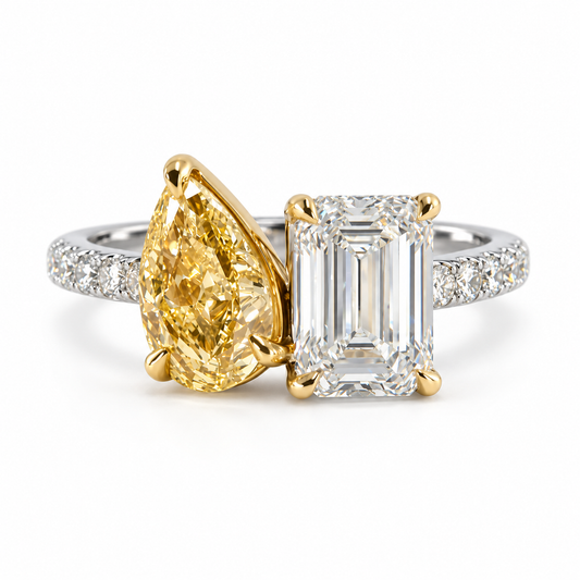 2.91 Carat Lab-Grown Emerald-Cut & Yellow Pear Diamond Toi et Moi Ring