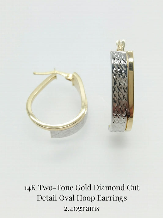 14Kt Two Tone Oval Diamond-Cut Hoop Earrings