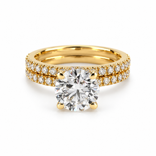 2.01 Carat Round Lab Grown Diamond Engagement Ring with Double Pavé Bands in Yellow Gold