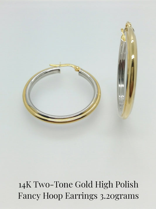 14Kt Two-Tone Gold Fancy High Polish Hoop Earrings