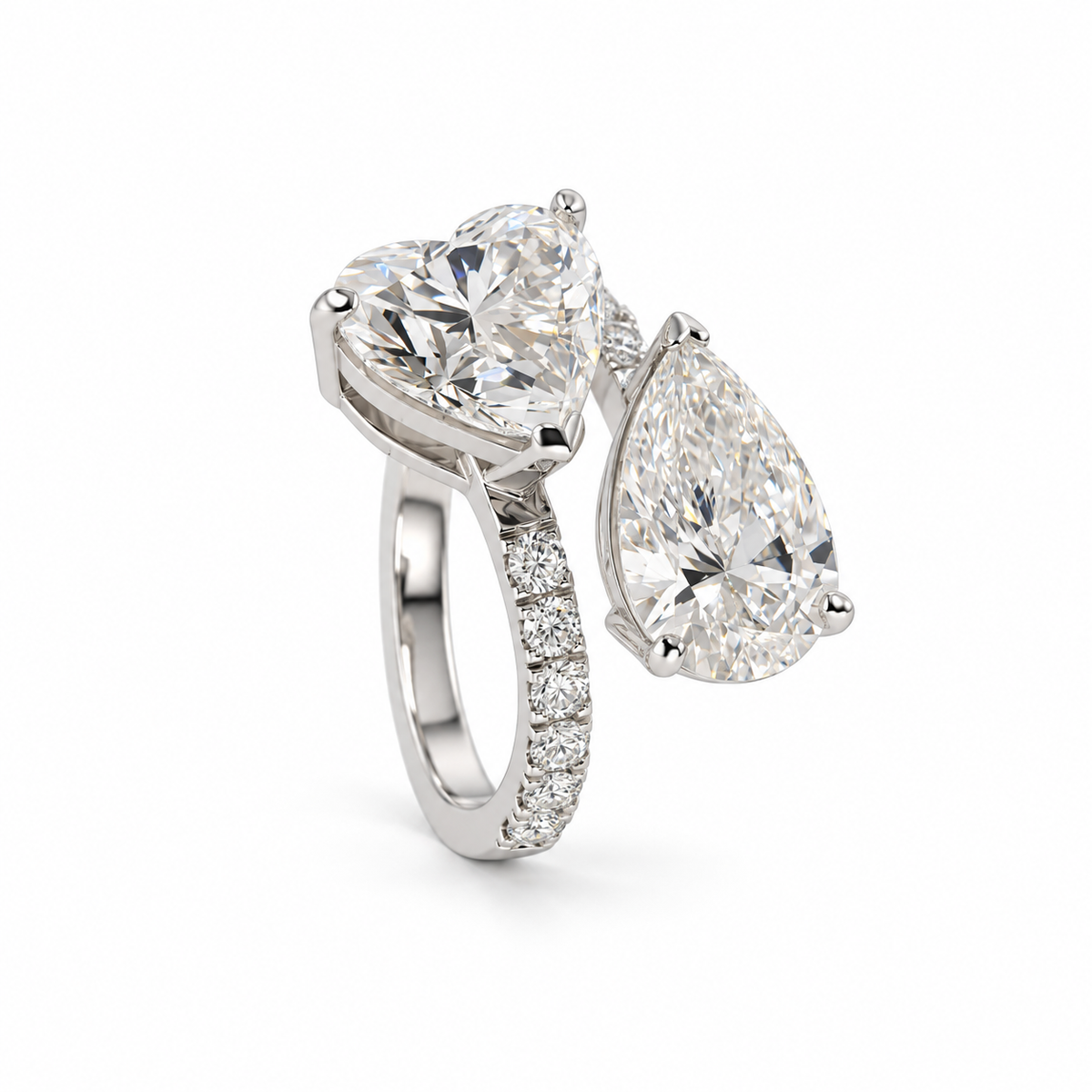 Heart & Pear Toi et Moi Diamond Ring with Pavé Band 4.50 Carat Total Weight, E Color, VS1 Clarity