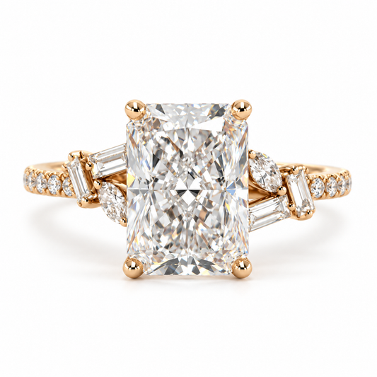 3.02 Carat Radiant-Cut Lab-Grown Diamond Engagement Ring with Mixed Diamond Accents in 14K Yellow Gold