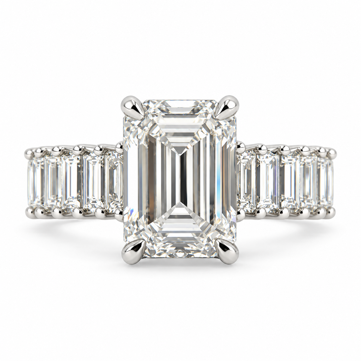 Emerald-Cut Diamond Engagement Ring with Baguette Diamond Band – 5.41 Carat Total Weight, E Color, VS1 Clarity