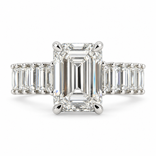 Emerald-Cut Diamond Engagement Ring with Baguette Diamond Band – 5.41 Carat Total Weight, E Color, VS1 Clarity