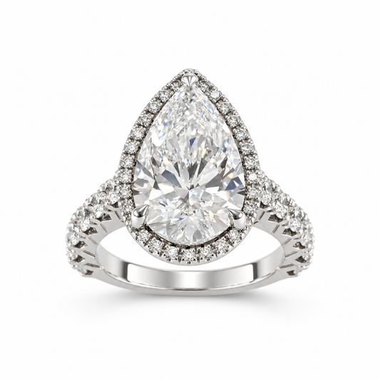 5.08ct Pear-Shaped Diamond Halo Engagement Ring in 14K Gold | E Color, VS1