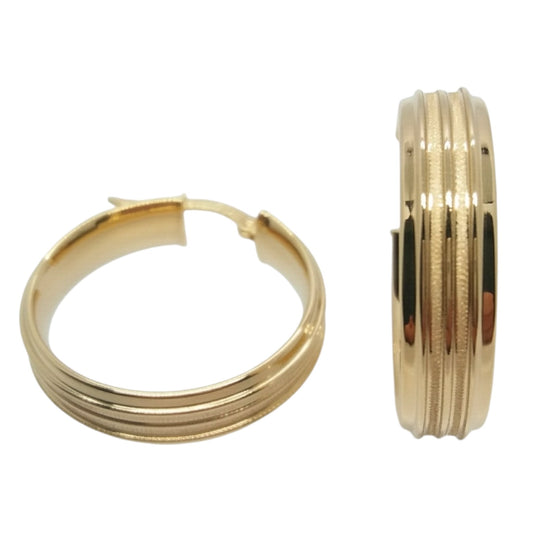 14k Yellow Gold High Polish & Satin Ribbed Hoop Earrings