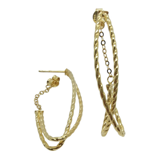 14K Yellow Gold Unique Textured Twist Detail Crossover Hoop Earrings