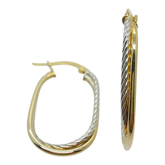 14Kt Two-Tone High Polish Oval hoop Earrings with a White Gold Rope Detailing