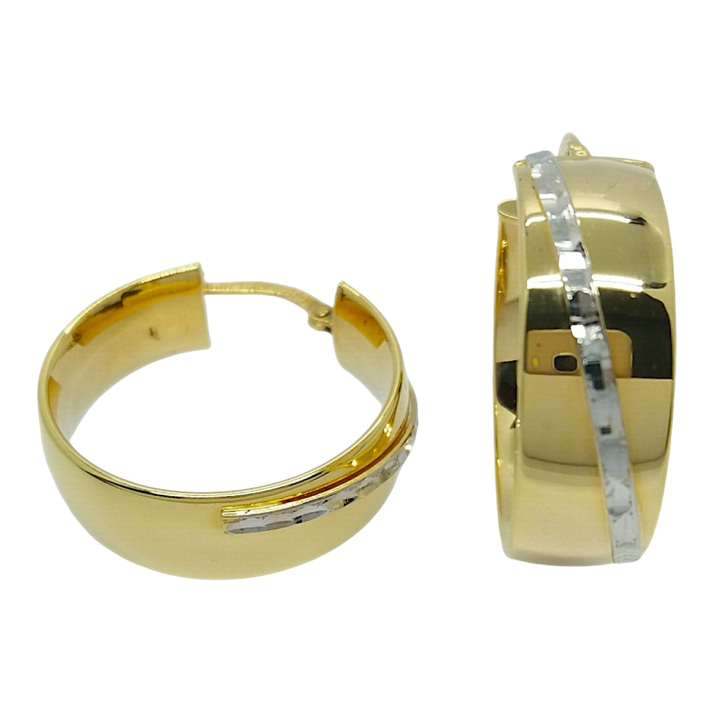 14Kt Two-Tone High Polish with White Gold Textured Detail Hoop Earrings