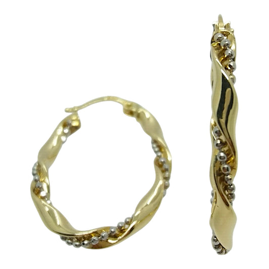 14Kt Two-Tone Oval Hoop Earrings With White Gold Intertwined Beads