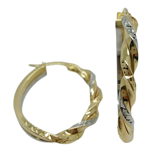 14Kt Two-Tone Twisted Diamond Cut Detail Hoop Earrings