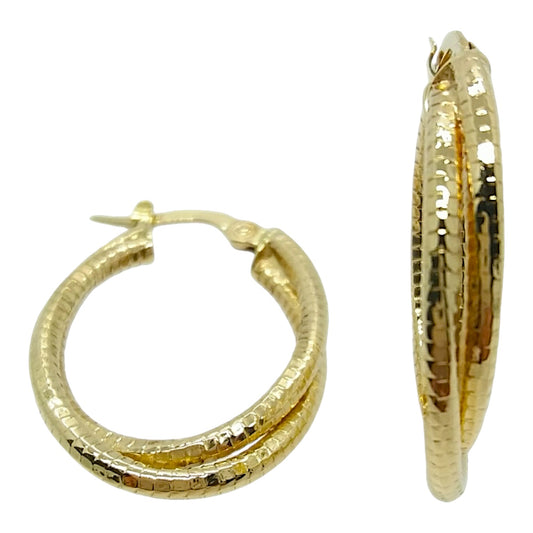 14Kt Yellow Gold Diamond Cut Double Tube Hoop Earrings