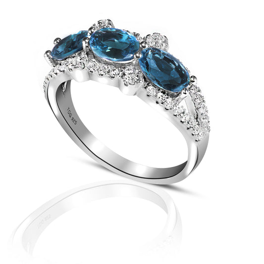 Charming Blue Sapphire and White Topaz Ring set in Sterling Silver