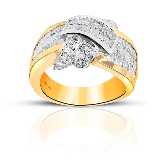 Exquisite Cocktail Ring with Invisible Princess-cut and Pave Style Diamonds 14 Karat Yellow Gold