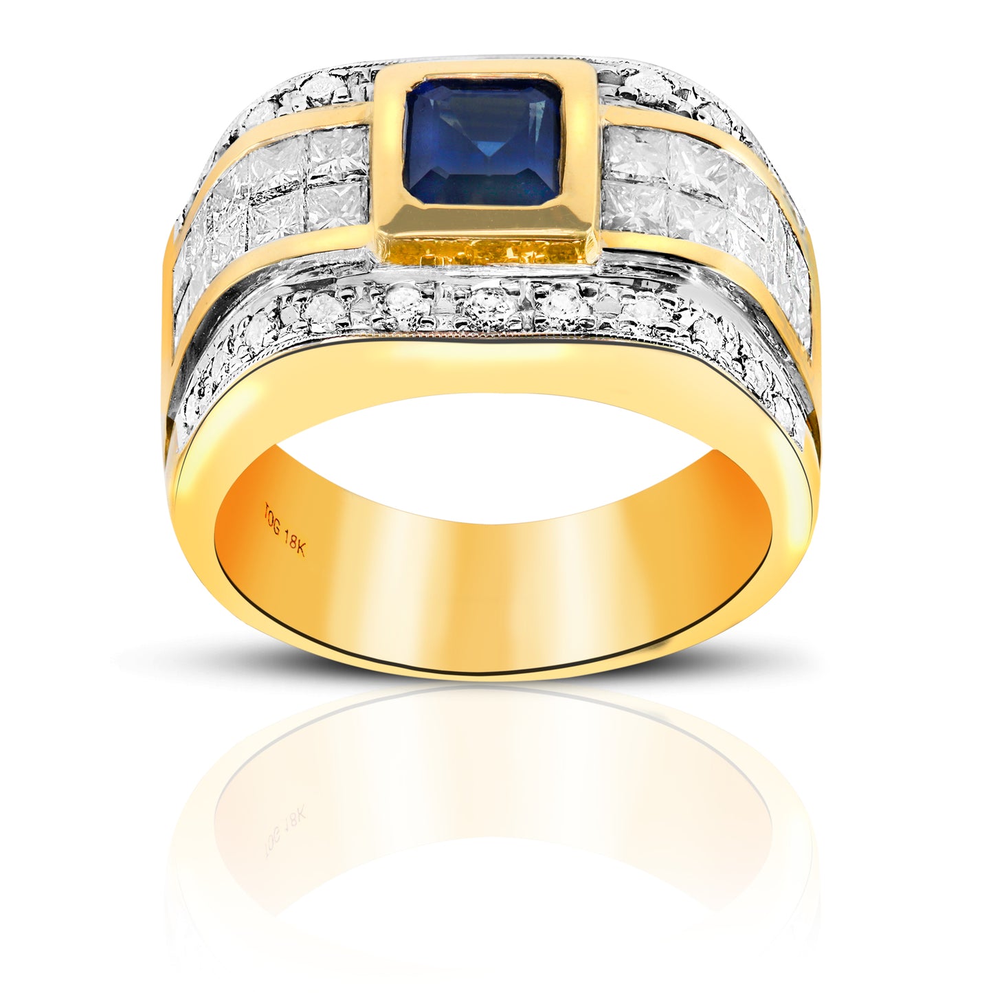 Heirloom Classic London Blue Sapphire with Invisible Princess-cut and Pave Diamonds Men's Ring 14 Karat Yellow Gold