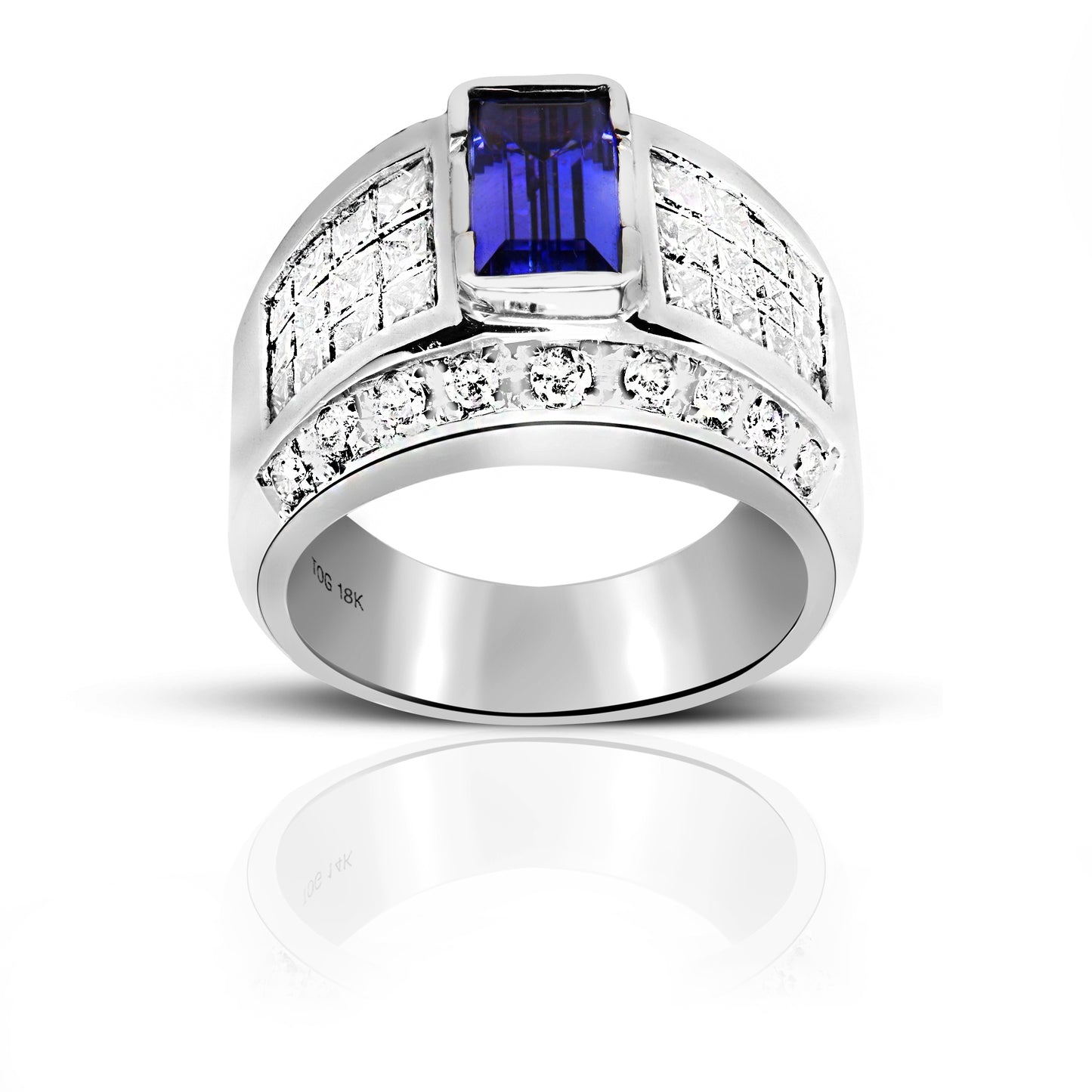 Emerald-cut Tanzanite with Invisible Princess-cut Diamonds and Channel-Set Diamonds 18 Karat White Gold