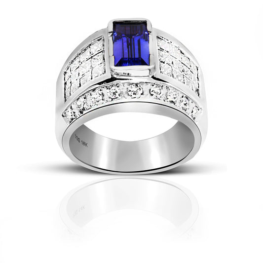 Emerald-cut Tanzanite with Invisible Princess-cut Diamonds and Channel-Set Diamonds 18 Karat White Gold