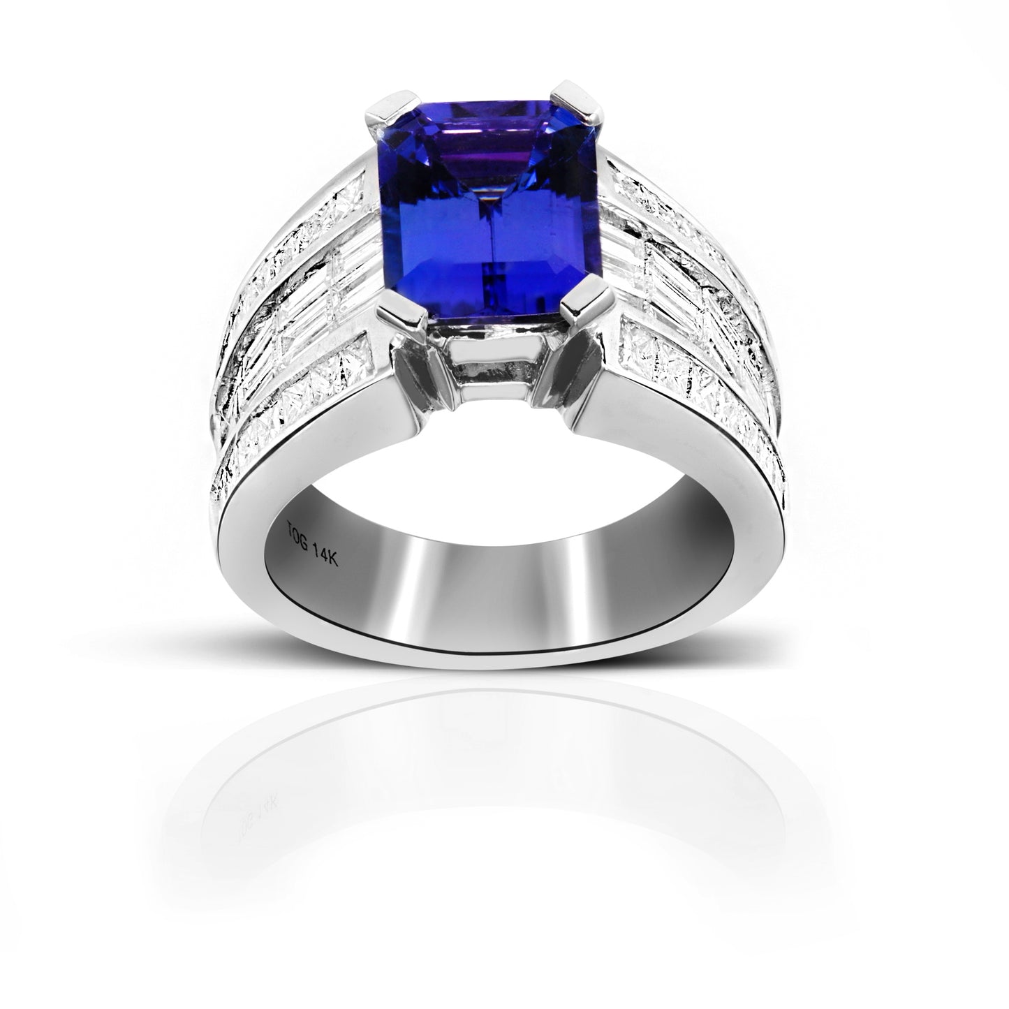 Cushion-cut Tanzanite Cocktail ring with Baguette Diamond accents 14 Karat White Gold