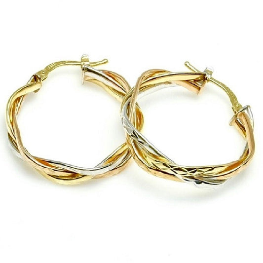 14Kt Tri-Color Gold Intertwined Diamond-Cut Medium Hoop Earrings