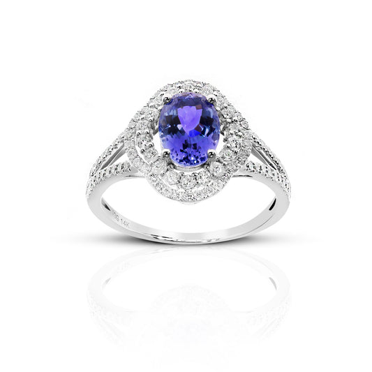 Vintage Style Oval Tanzanite double-halo ring with Pave' Diamond accents 14 Karat White Gold