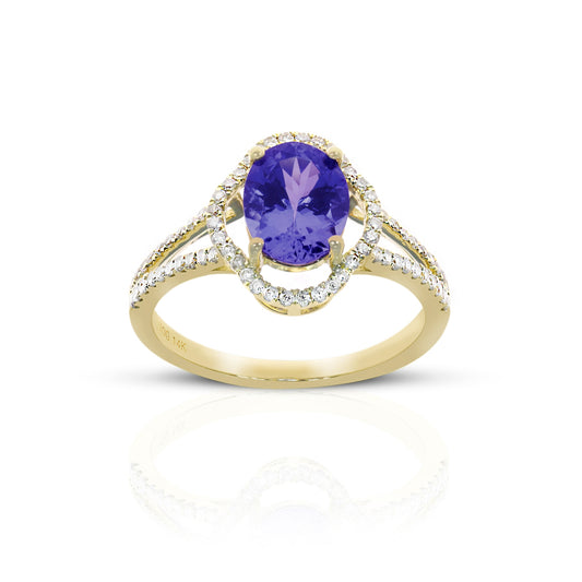 Vintage style Oval Tanzanite split shank ring with Pave' Diamond accents 14 Karat Yellow Gold