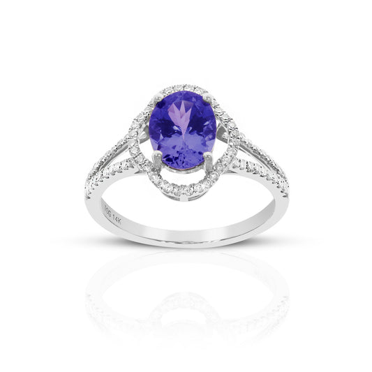 Vintage style Oval Tanzanite split shank ring with Pave' Diamond accents 14 Karat White Gold